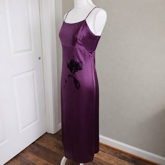 Vintage Y2K Silk Slip Dress Purple Maxi Midi Black Rose Spaghetti Strap Size 12 - Picture 2 of 11